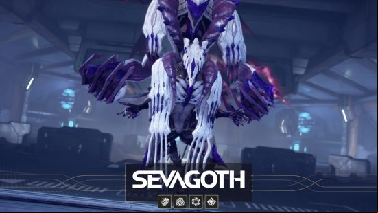 Warframe - Sevagoth the Specter of Death, a purple and white Warframe with giant claws and a large 'Shadow' appearing behind him.