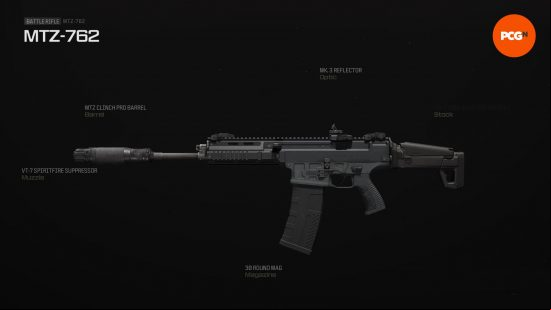 Best MTZ 762 loadout: a long black assault rifle with a suppressor attachment.