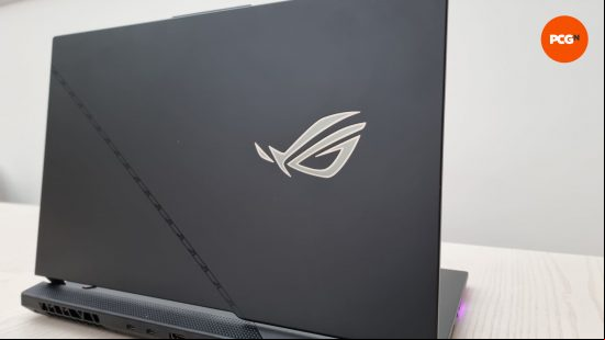The back of the Asus ROG Strix Scar 17 (2023) laptop, showcasing the ROG logo