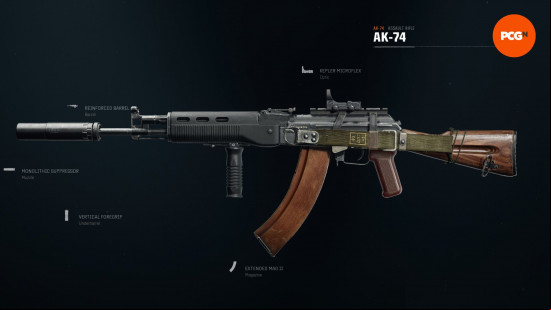 Best Warzone assault rifles: an AK-74 assault rifle with a green canvas strap, an orange magazine and a suppressor attachment.