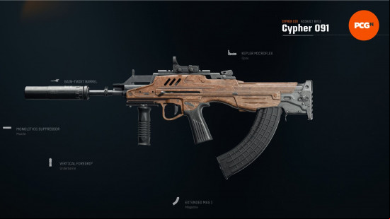 Best Warzone assault rifles: a modern day fully automatic firearm with a beige body and a large suppressor attachment.