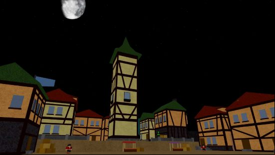The level 30 zone in Blox Fruits at night.