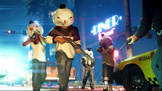 Crime Boss: Rockay City update 6 - A group of four gangsters wearing snowman heads as they storm down a street.