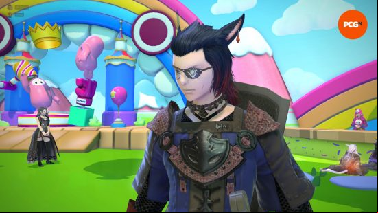 Final Fantasy 14 I hate MMORPGs: a blue-haired cat boy in a bright rainbow room, wearing an eye patch and looking pensive