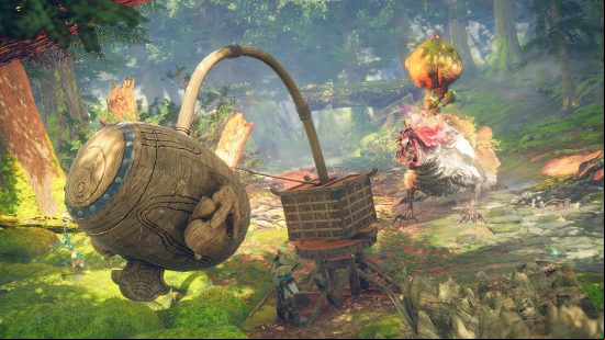 Games like Monster Hunter: a hunter is using a giant hammer-like contraption to try and bonk a giant rat with a plant growing out of its head in Wild Hearts.