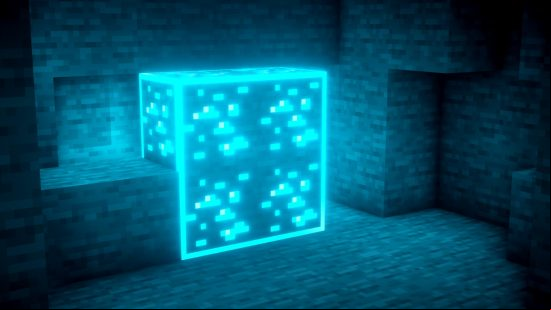 Four blocks of diamond ore glow brilliantly thanks to the Minecraft Visible Ores texture pack.