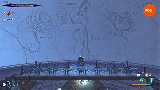 Prince of Persa The Lost Crown preview: Sargon surveys an esoteric temple, its walls carved with hieroglyphs.