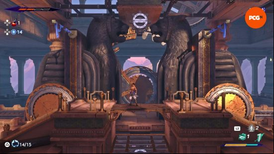 Prince of Persia The Lost Crown preview: Sargon surveys an environmental puzzle comprised of poles, cogs, and other elements that can be manipulated during traversal.