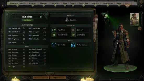 rogue trader operative character creation screen and best charactistics