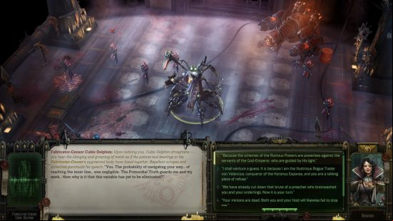 boss battle against tech priest monster in rogue trader