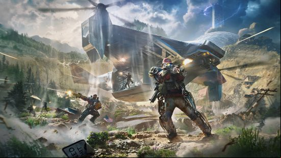 A group of heavily armored character shooting as they retreat to a huge evacuation space ship