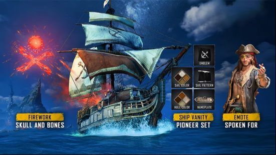 All of the rewards for participating in the Skull and Bones beta, including a huge ship cosmetic pack, a firework, and a pirate emoting