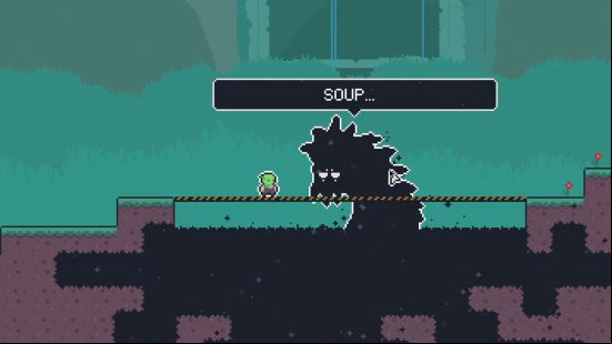 A small creature talking to a massive, inky monster. The monster is saying "Soup".
