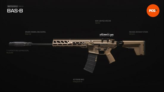 Best BAS-B loadout: a beige gun with a long barrel and a large suppressor.