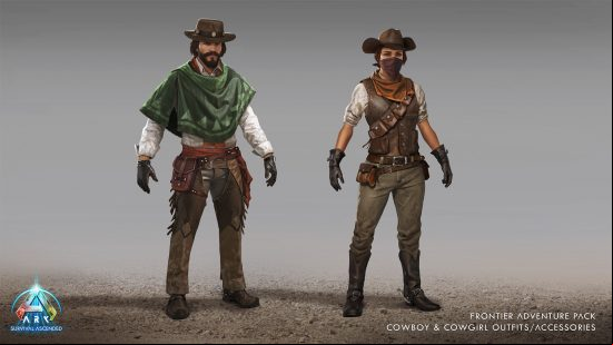 Ark Survival Ascended Scorched Earth - Two characters wearing cowboy outfits from the  Frontier Adventure DLC bundle.