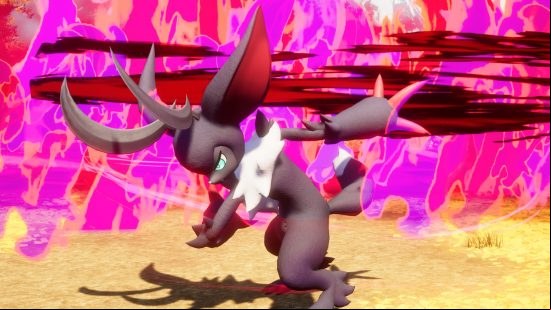 A swirling pink and purple attack builds around Loupmoon, one of the best handiwork Pals in Palworld.