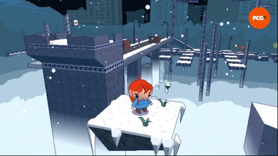 Celeste 64 free game: a small red haired girl in a blue coat on a floating platform