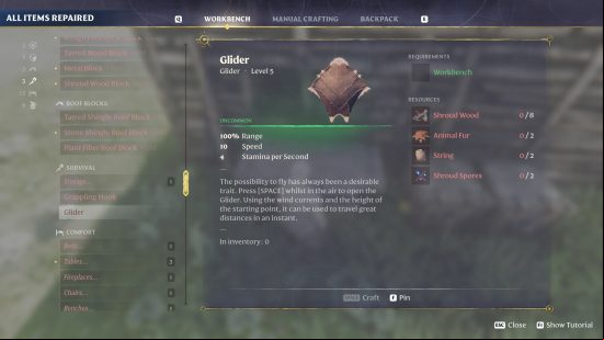Enshrouded glider: a menu showing the ingredients needed to craft a glider.