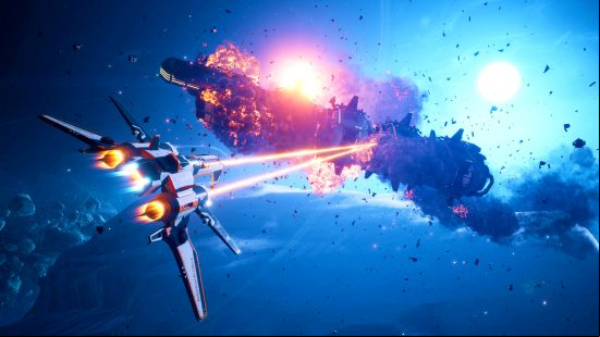 Everspace 2 - A ship fires twin lasers into a giant space station as it explodes.