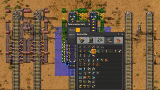 Factorio Parameterized Blueprints - The player sets up a series of train unloading stations using the new customizable building tool.