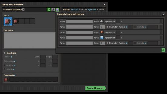 Factorio Parameterized Blueprints - Setup menu for the new tool, allowing the player to determine certain parameters that affect the resulting build.