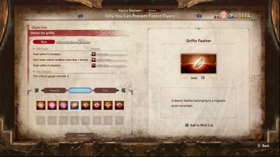 A quest screen with Griffin Feathers as a reward in Granblue Fantasy Relink.