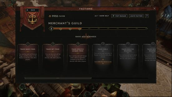 Last Epoch trade and item factions - Rank bonuses for the Merchant's Guide, which allows player trading through a bazaar.