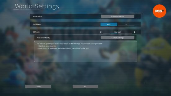 The Palworld difficulty menu settings