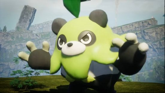 Palworld fighting: a leafy panda bear Pal getting ready to brawl beside some ancient ruins.