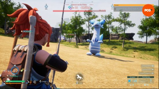 A trainer is about to fire arrows at a Chillet to help level up fast in Palworld.