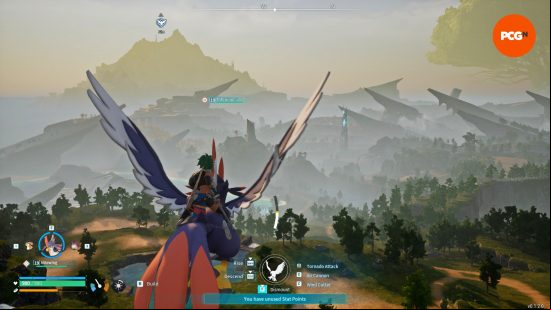 The Pal Tamer takes to the skies on the back of a Nitewing after crafting its saddle to turn it into a Palworld mount.