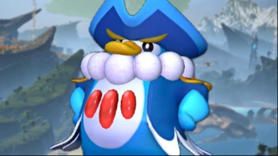 Best Palworld Watering Pals: Penking as it appears in the Paldeck, placed against a backdrop of Palpagon Island.