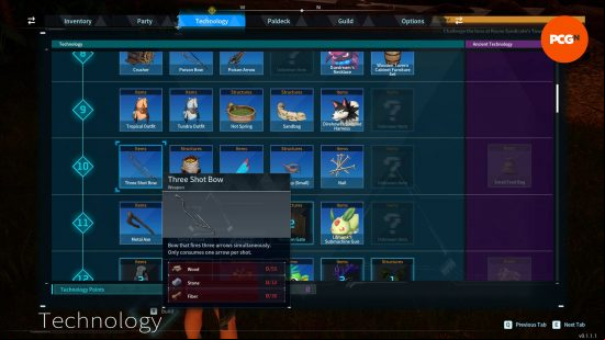 The Technology tree showing the recipe for making the Three Shot Bow, one of the best Palworld weapons for the early game.