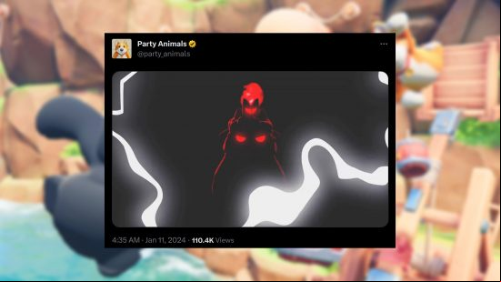 Party Animals Cult of the Lamb crossover - A shadowy figure lit in red resembling the Lamb.
