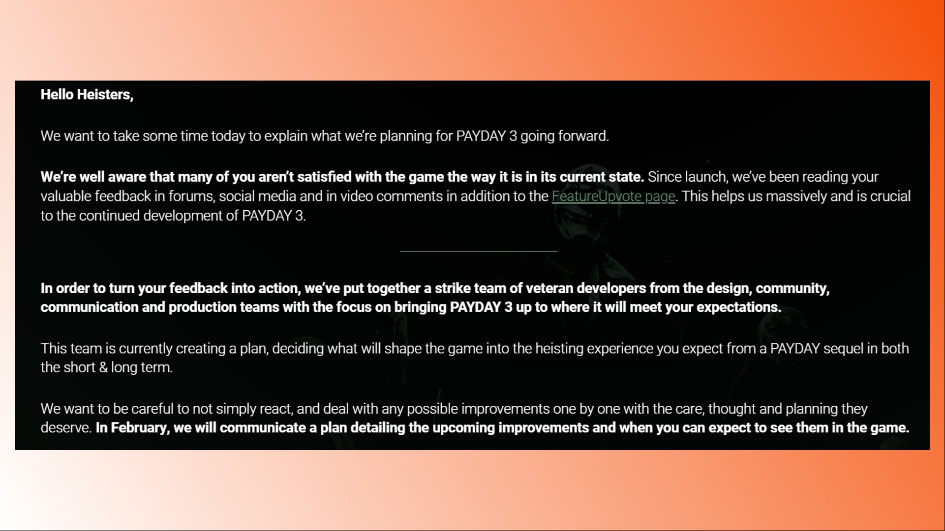 Payday 3 fixes: A statement from Payday 3 dev Starbreeze about the future of the FPS game