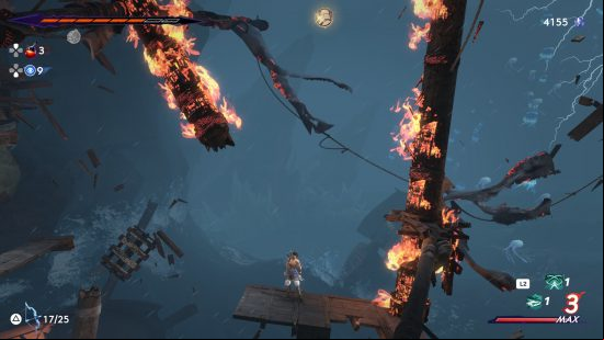 a flaming mast with a xerxes coin in the raging sea