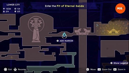 The map of Mount Qaf depicting the position of the Prince of Persia The Lost Crown Mystery Chest in the Lower City.
