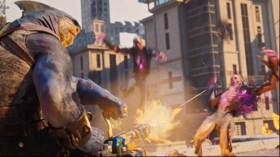 king shark in suicide squad shooting two enemies