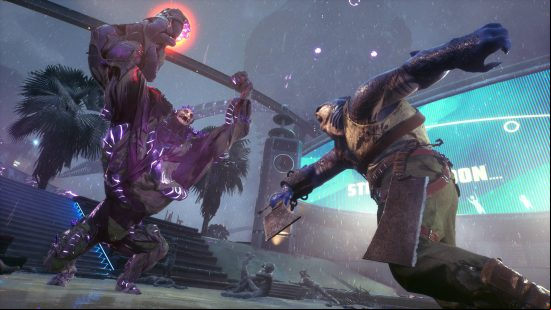 King Shark going up against a bulky minion of Brainiac during the Suicide Squad Kill the Justice League preview.