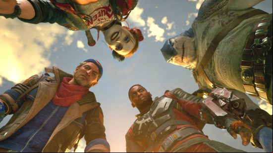 Suicide Squad Kill the Justice League preview: all four  of the Suicide Squad looming over a prone camera.