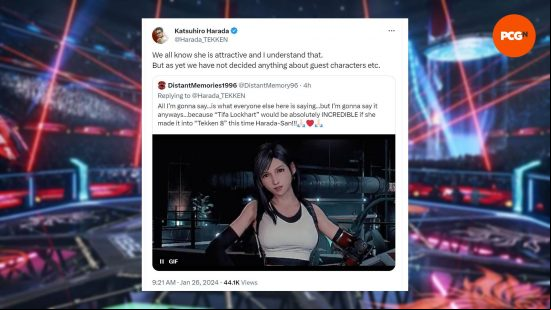 A comment from Tekken 8's Katsuhiro Harada discussing adding Final Fantasy 7's Tifa Lockhart to Tekken 