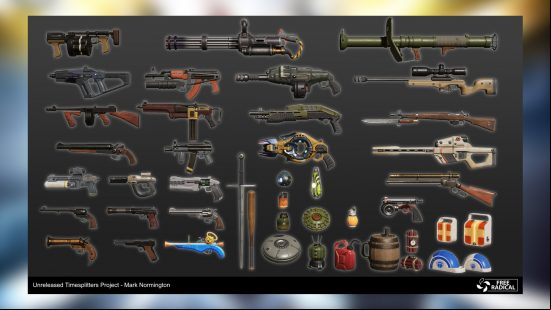A collection of weapons, some modern, some sci-fi. 