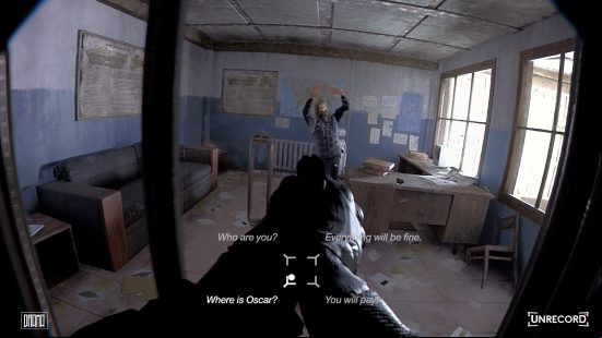 Unrecord release date: bodycam footage of a police officer pointing a gun as a person with their arms raised above their head.