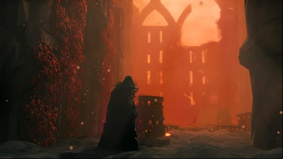 Valheim Ashlands temple - A figure prays in a quiet, abandoned temple in the Viking survival game.