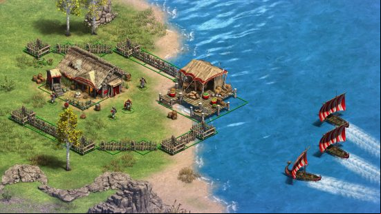 Age of Empires 2: Definitive Edition DLC Victors and Vanquished - Viking boats approach a small waterside settlement in this classic strategy game.
