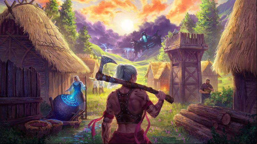 Aska: A muscular woman with tribal tattoos stands with an axe over her shoulders, back to the camera, looking out over a Viking settlement as a huge monster rises on the horizon