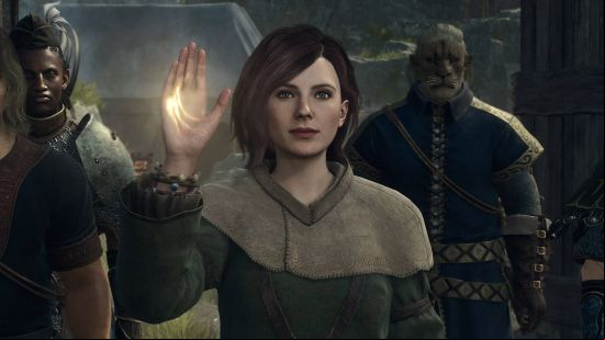 Games like Monster Hunter: a woman holding up her glowing hand. She is flanked by a Leonin and another two humans.