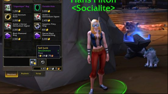 The merchant  for Haris Pilton depicts selling junk and repairing equipment via the Scrap WoW addon.