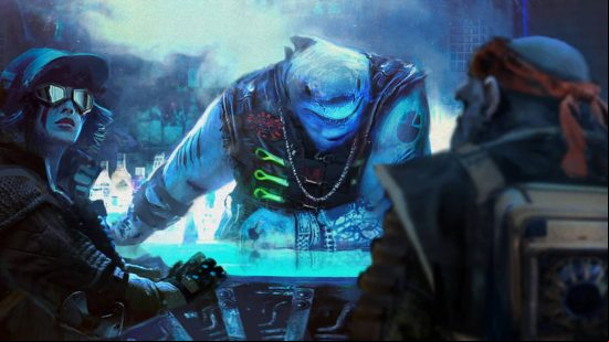 Beyond Good and Evil 2 release date: a monkey hybrid and a human are at a bar with a shark hybrid barman serving drinks.