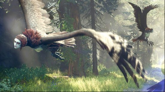 A beautiful bird with the upper body of a woman flies through the world of Dragon's Dogma 2.